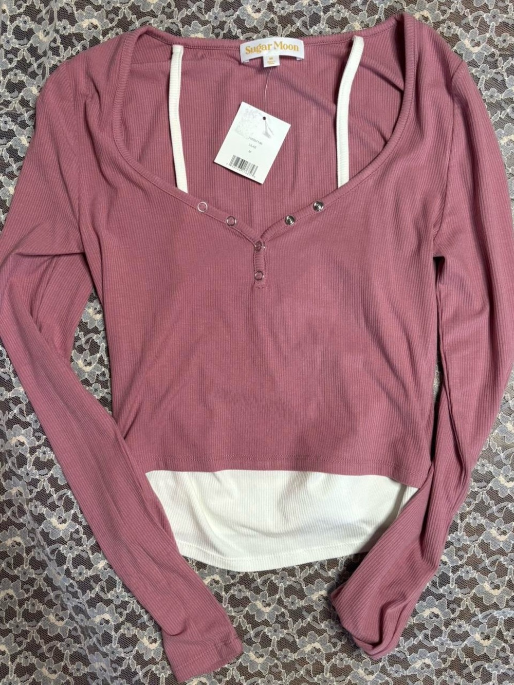 Women's Long Sleeve Henley Top — Dusty Rose with White Layer